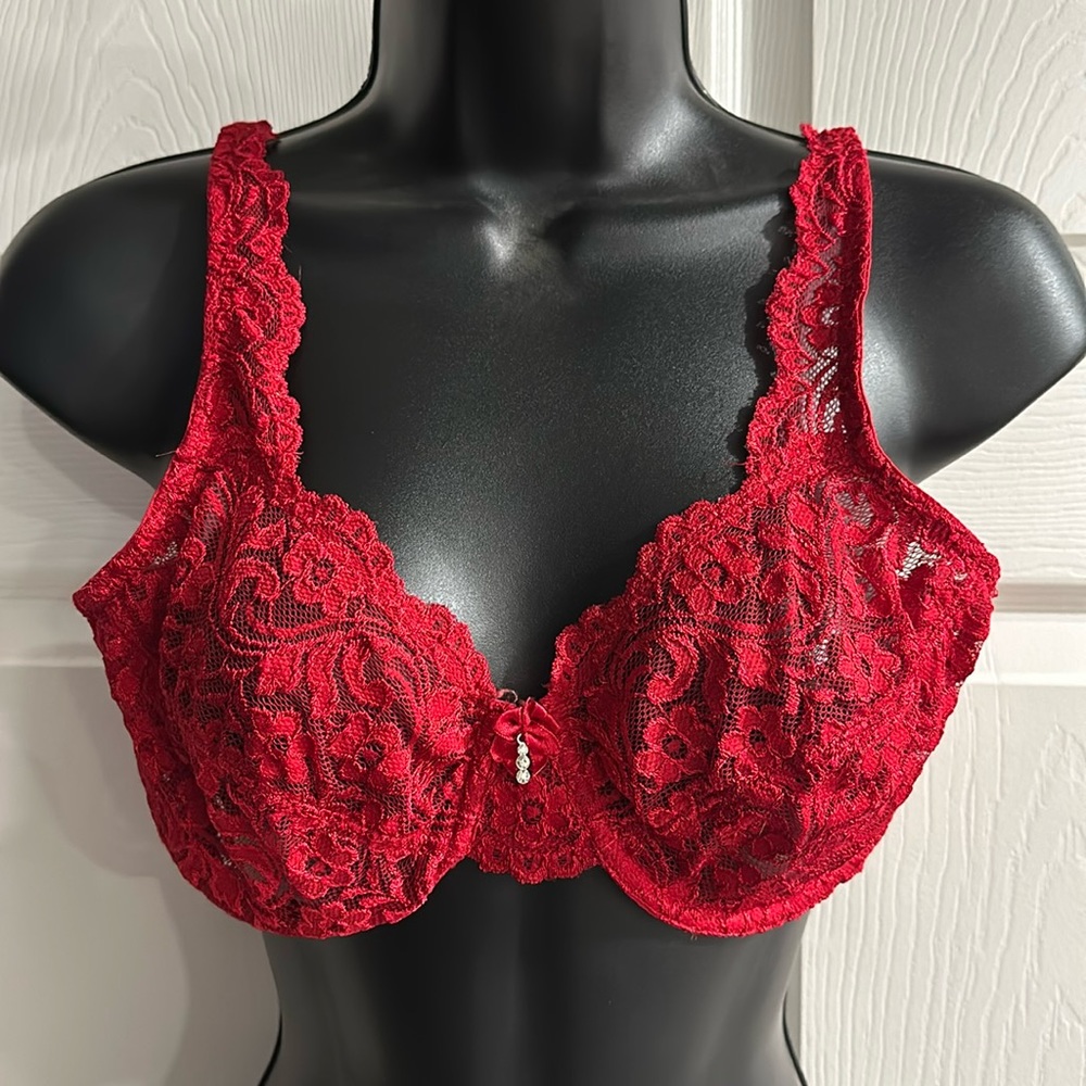 Red, lacy bra 36C